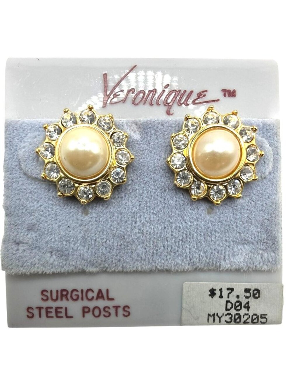 Crystal Stud Earrings vtg Gold-Tone faux Pearl Veronique new old stock jewelry